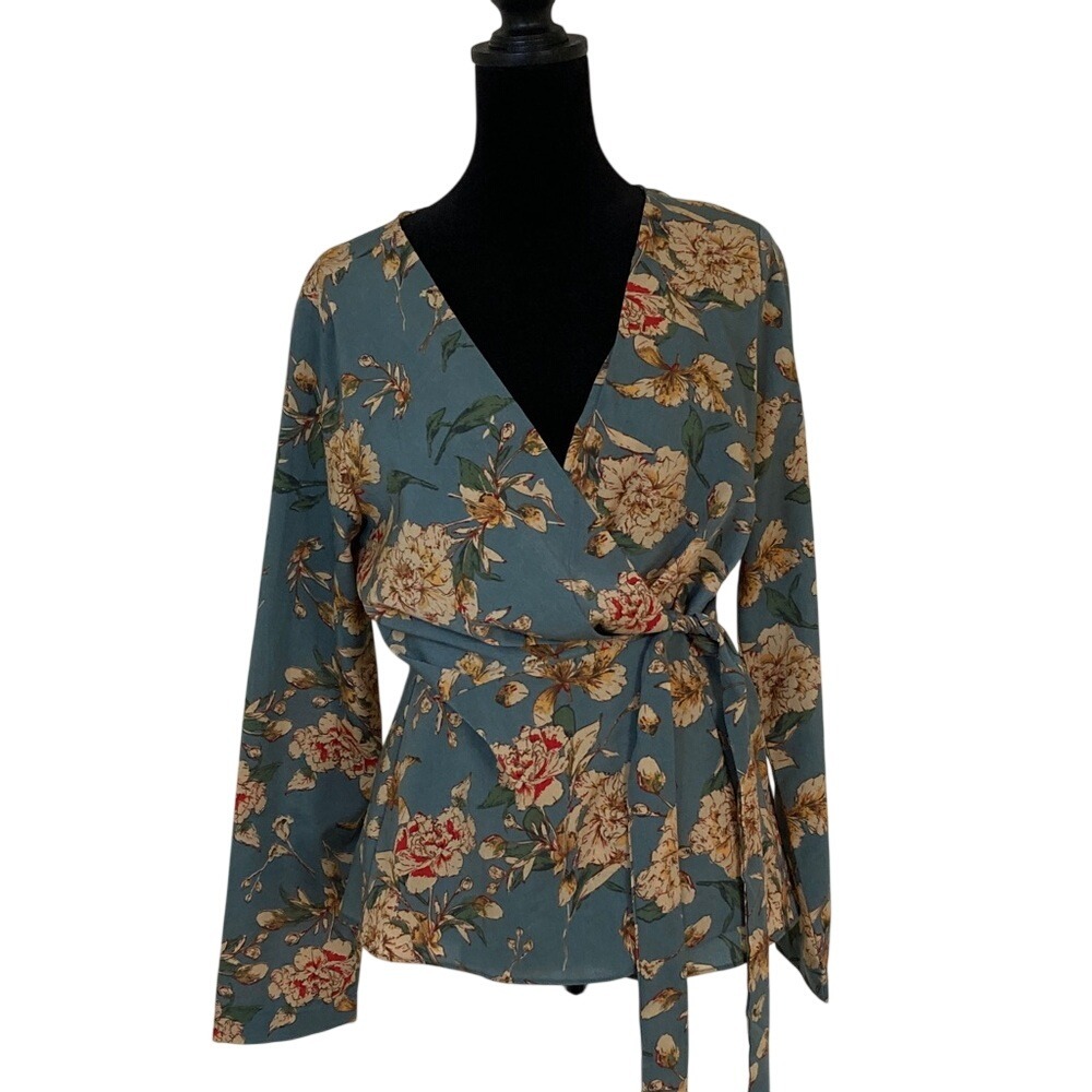 Vici Womens Floral Wrap Blouse Teal Tan Size Small Feminine Romantic Office‎